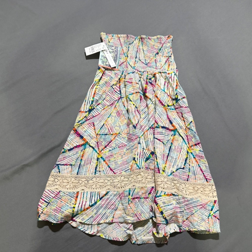 Roxy Strapless Dress Womens Small Multicolor Geometric Smocked High Low Boho